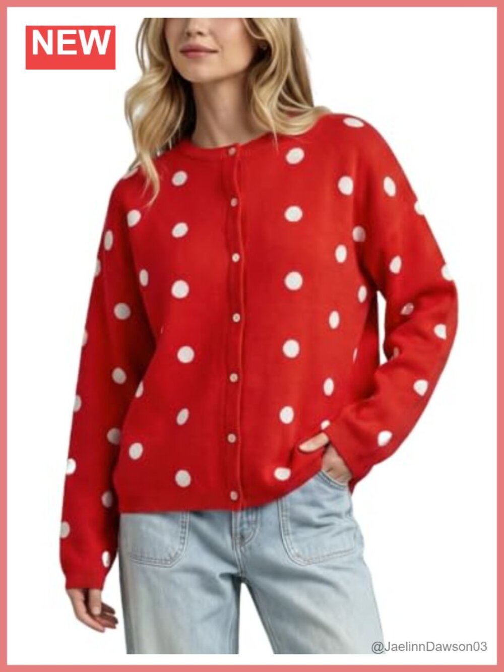Womens Polka Dot Cardigan Crewneck Button Open Front Knit Sweater
